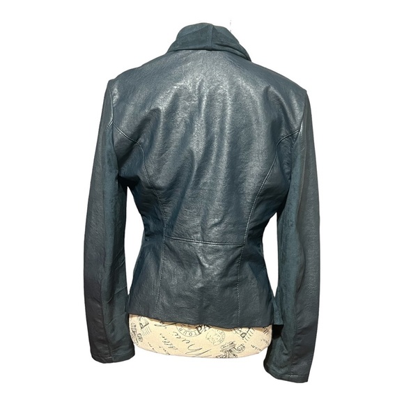 BlankNYC Draped Cowl Neck Moto Jacket Green Faux Leather Asymmetrical Zip Medium - Picture 6 of 9